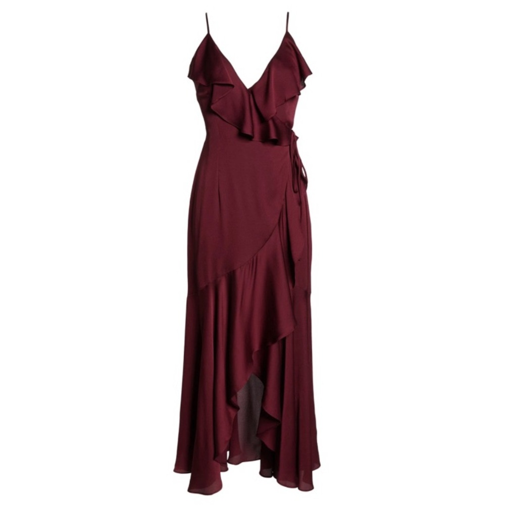 New Shona Joy Luxe Ruffle Trim Wrap Gown in Garnet Size 4 (Flawed)